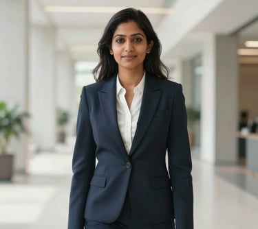 A professional portrait of a South Asian woman in smart business attire, standing in a bright, modern architectural space with clean lines. Professional and trustworthy expression.