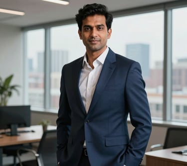 A professional portrait of a South Asian man in a tailored dark blue suit, standing in a modern office with large windows overlooking a city skyline. Soft, professional indoor lighting.