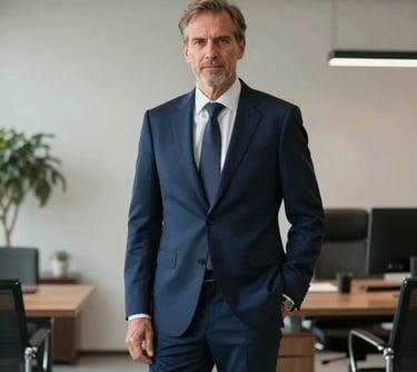 Portrait of a distinguished European estate director in a navy blue suit standing in a modern office with minimalist decor. The lighting is professional and the tone is one of established authority and sophisticated wellness.