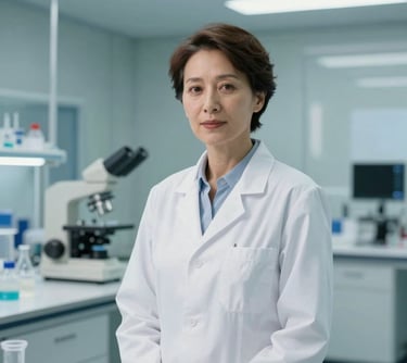 Professional portrait of a female scientist in her 40s wearing a modern, tailored white lab coat. She is in a sophisticated European research facility with glass walls and light blue accents. The lighting is soft and flattering, conveying intelligence and trust.