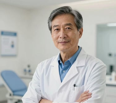 Professional photography of a health expert in their late 40s in a bright, modern European clinic setting. They are looking towards the camera with a confident, helpful expression. The color palette includes off-white and mid blue.