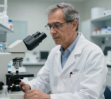 Portrait of a male researcher in his 50s, wearing professional attire, working in a clean and high-end laboratory environment in Spain. The composition is clean and focused, highlighting the expertise and research behind the brand.