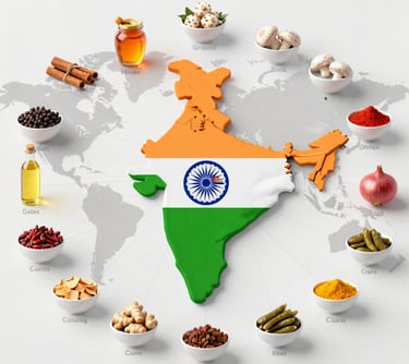Global export map of India with spices, honey, ghee, mushrooms