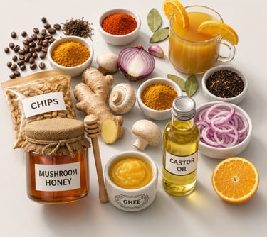 Mushrooms, honey, castor oil, spices, ginger, onions and snacks for export business