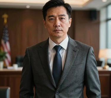 Professional portrait of a male attorney in his 40s wearing a high-end tailored suit. He looks focused and determined. Background is a blurred luxury office interior in the US.