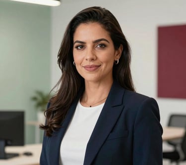 Portrait of a professional South American woman in a bright, modern Brazilian workspace. She is looking at the camera with a confident, friendly expression. The background features clean, minimalist design with a hint of Parchment Green and Carmine Red accents.