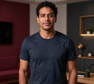 Portrait of a South American man with a creative, professional look, standing in a well-lit studio in Brazil. He represents a skilled content creator. Background has a warm, sophisticated atmosphere with hints of Carmine Red and dark charcoal furniture.