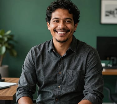 Portrait of a South American male professional in a stylish, relaxed Brazilian office setting. He is smiling warmly, representing a friendly and approachable community manager. The lighting is soft and natural, with Dark Charcoal and Matte Forest Green background elements.