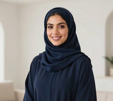 A professional portrait of a woman in a sophisticated navy abaya and a matching silk hijab, smiling warmly in a bright, modern studio with off-white walls. Middle Eastern / Gulf setting.