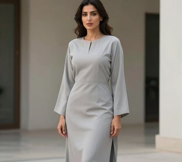 A portrait of a woman in a contemporary light gray modest set, standing confidently against a minimalist architectural backdrop with clean lines. Middle Eastern / Gulf setting.