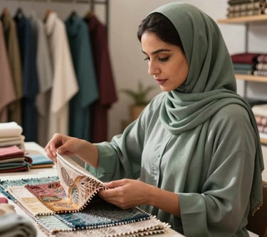 A candid shot of a woman in a muted green hijab, carefully examining a variety of high-quality textile swatches in an elegant, sunlit design studio. Middle Eastern / Gulf setting.