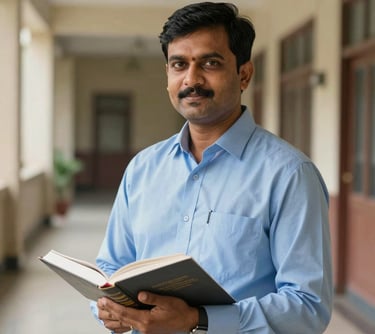Portrait of a South Asian / Indian male teacher in a light blue formal shirt, holding a textbook, professional college hallway backdrop, soft natural light.
