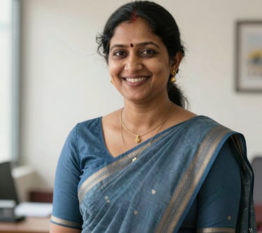 Portrait of a South Asian / Indian female educator in a professional saree, smiling in a brightly lit office setting, slate blue and off-white background.