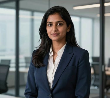Portrait of a South Asian / Indian female professional in business attire, modern office setting with glass windows, midnight blue and slate blue tones.