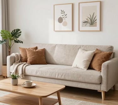 A softly lit, cozy living room corner with neutral tones, featuring a comfy armchair, a small wooden side table, and a textured throw blanket.