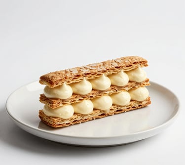 Studio food photography of a modern mille-feuille with layered puff pastry and bourbon vanilla bean cream, minimalist plate, white background, Western European / French style.