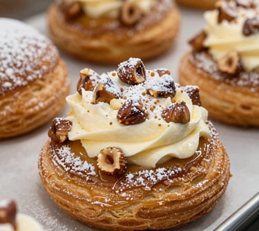 Close-up of a Paris-Brest pastry with thick hazelnut praline cream, powdered sugar dusting, artisanal look, warm bakery lighting, Western European / French.