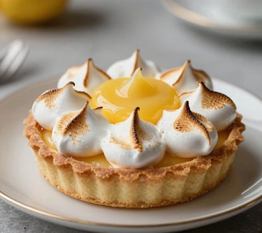 Macro shot of a lemon meringue tart with toasted peaks, bright yellow citrus curd, elegant ceramic plate, professional lighting, Western European / French.