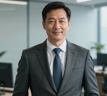 A professional portrait of a male advisor in a modern US office setting, wearing a sophisticated suit. The composition is clean, with light blue and grey tones in the background.