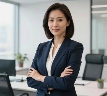 A professional headshot of a female strategist in a high-end corporate office in North America. The scene is bright and professional, with a minimalist aesthetic using white and steel blue.