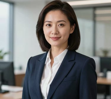 A professional headshot of a female executive in business formal attire, featuring a clean North American office background with soft lighting. The color palette focuses on dark blue and white.