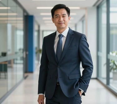 A professional portrait of a male executive in North American business formal attire, standing in a bright, modern corporate corridor. The lighting is soft and flattering, with a background of glass and steel blue accents.
