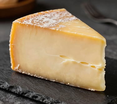 A close-up of a wedge of Queso Manteco, showing its creamy and buttery pale yellow interior. Placed on a dark slate board in a Latin American / Spanish dining setting.