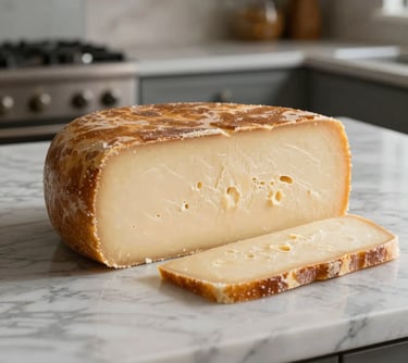 A whole Queso Lay on a marble countertop in a modern Latin American / Spanish kitchen, sliced to show its versatile, firm texture. Soft morning light.