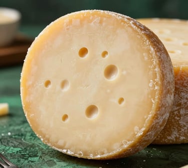 A wheel of Queso Suizo with visible characteristic holes, styled in a professional food photography setup in a Latin American / Spanish kitchen with forest green accents.