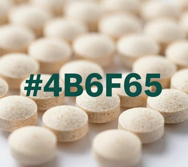 Clean, scientific depiction of vitamin pellets for poultry, macro-focus. Lighting is bright and professional, utilizing #4B6F63 in the branding elements shown.