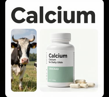 Informational graphic style image showing a calcium supplement for dairy cows. Clean layout with scientific aesthetic, colors #1C302B and #B4C6AD.