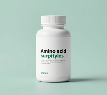 A sleek, professional presentation of amino acid supplements for livestock. Minimalist composition with a focus on purity and quality, using #F5F8F0 and #4B6F63.