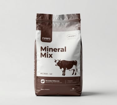 A professional product shot of a mineral mix bag for cattle, presented on a clean #F5F8F0 background with soft shadows. Modern, minimalist style with #1C302B accents.