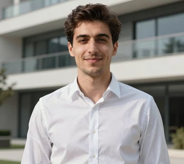 A professional portrait of a young Anatolian man wearing a smart-casual shirt, standing in front of a modern architectural project. He has a friendly and helpful expression.