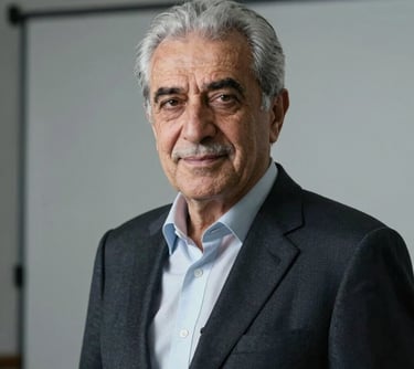 A professional portrait of a senior Turkish man with graying hair in a minimalist modern studio. He looks confident and experienced, reflecting the leadership and heritage of the company.