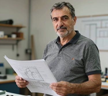 A professional portrait of a middle-aged Anatolian man in a clean workshop setting, holding technical plans. He represents the craftsmanship and technical expertise of the production team.