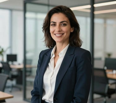 A professional portrait of a Turkish woman in business attire, smiling warmly in a modern office with glass partitions. The lighting is soft and natural, conveying reliability and professionalism.