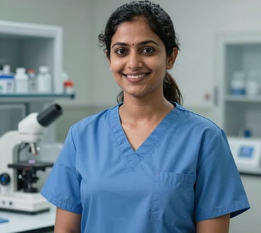 A professional portrait of a South Asian female clinical instructor in a blue nursing uniform, standing in a hospital laboratory setting with an encouraging smile.