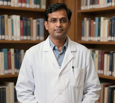 A professional portrait of a South Asian male professor in a white clinical coat, standing in front of a medical library shelf, looking professional.