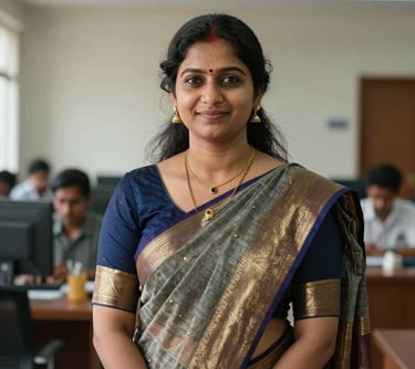 A professional portrait of a South Asian female principal in a formal saree, standing in a bright academic office, conveying authority and warmth.