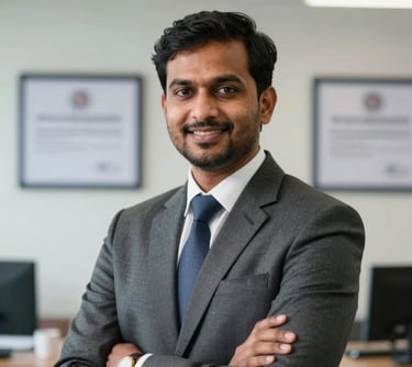 A professional portrait of a South Asian male administrator in formal attire, smiling confidently in a modern office setting with medical credentials visible in the background.