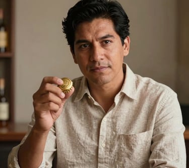 Portrait of a young Mexican / Latin American man, an expert in spirits, dressed in a refined neutral linen shirt, holding a golden bottle cap, warm natural lighting.