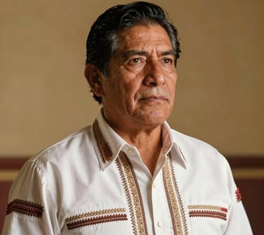 Portrait of a Mexican / Latin American man in his 50s, a master mezcalero with a focused and proud expression, wearing a traditional elegant shirt, soft studio lighting with warm gold tones.