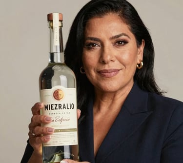 Portrait of a Mexican / Latin American woman with an air of sophistication, focused on the quality of a mezcal bottle, soft lighting with cream and gold accents.
