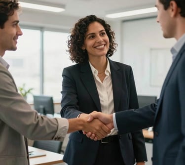 A warm and professional handshake between two people in a bright, modern Latin American office space, symbolizing trust and reliability.