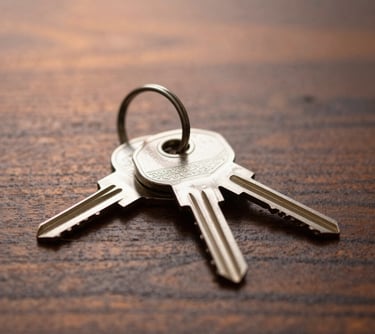 A macro photograph of high-end property keys resting on a solid dark wood table with soft copper lighting in the background.