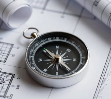 A close-up of a compass placed on top of clean architectural blueprints, representing integrity and direction in a Latin American business context.