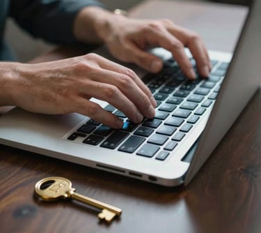 A person's hands typing on a laptop with a steel blue light reflecting on the keys. A small brass key sits on the desk nearby, symbolizing security.