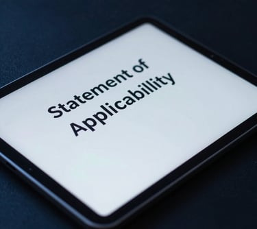 A macro photograph of a secure digital tablet displaying a document title 'Statement of Applicability'. Professional lighting in tones of dark navy blue.
