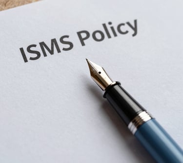 A close-up of a fountain pen resting on a light grey contract with 'ISMS Policy' clearly written at the top. Professional, sharp focus, with slate blue accents.